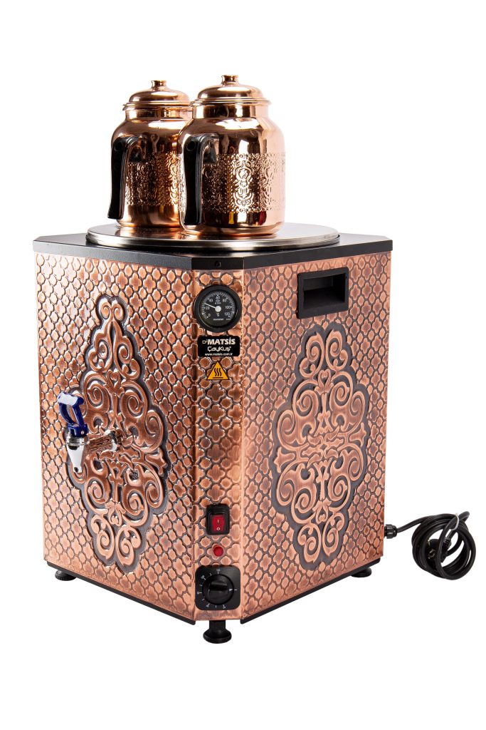 Matsis Çaykuş bakır elektrikli çay makinesi 2 demlikli 25 litre sol yan görünüm