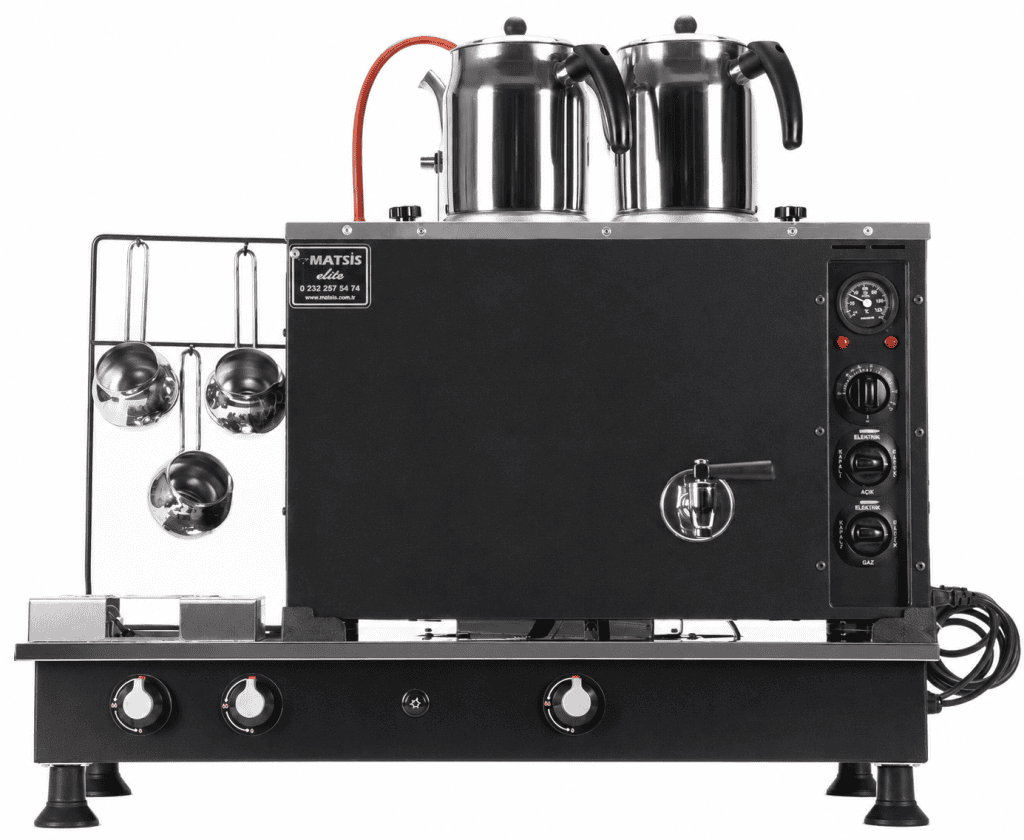 Matsis Elite boyalı elektrikli gazlı kahve ocaklı çay kazanı 2 demlikli 20 litre yan görünüm