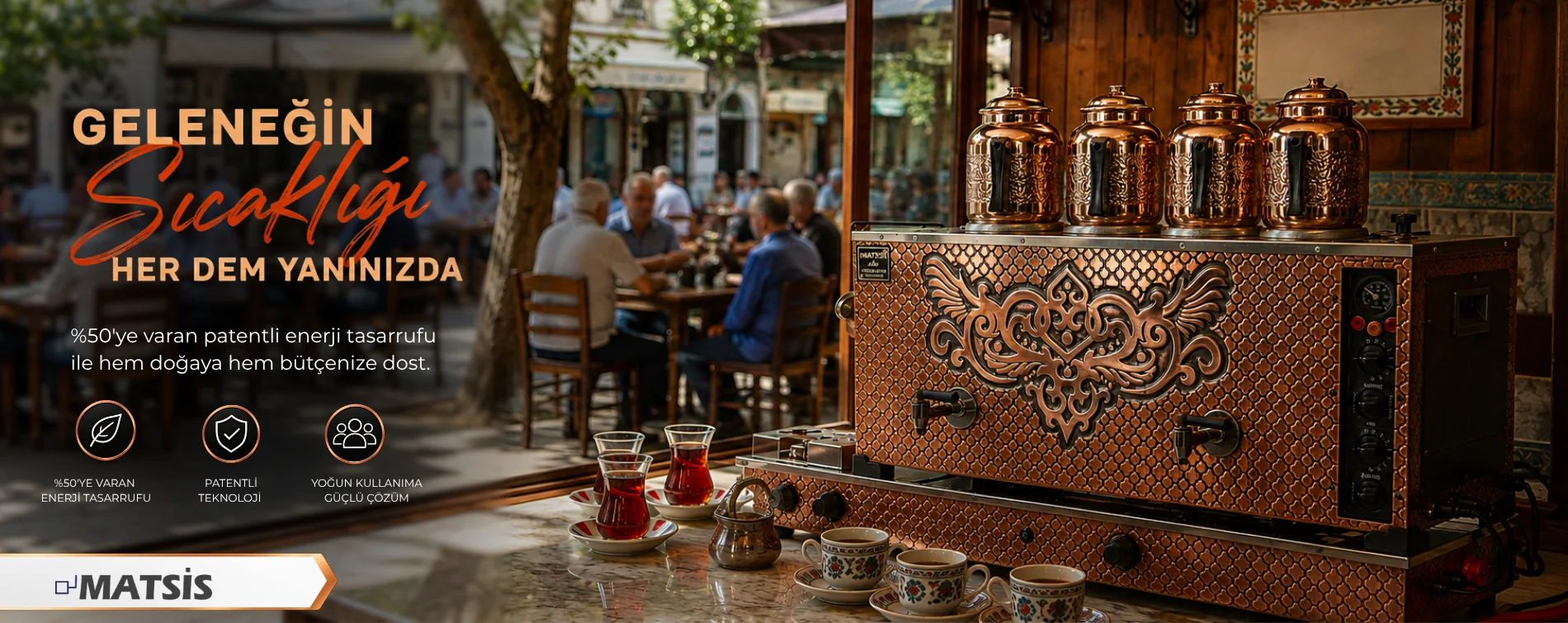 Matsis Elite profesyonel bakır çay kazanı ve çay servisi