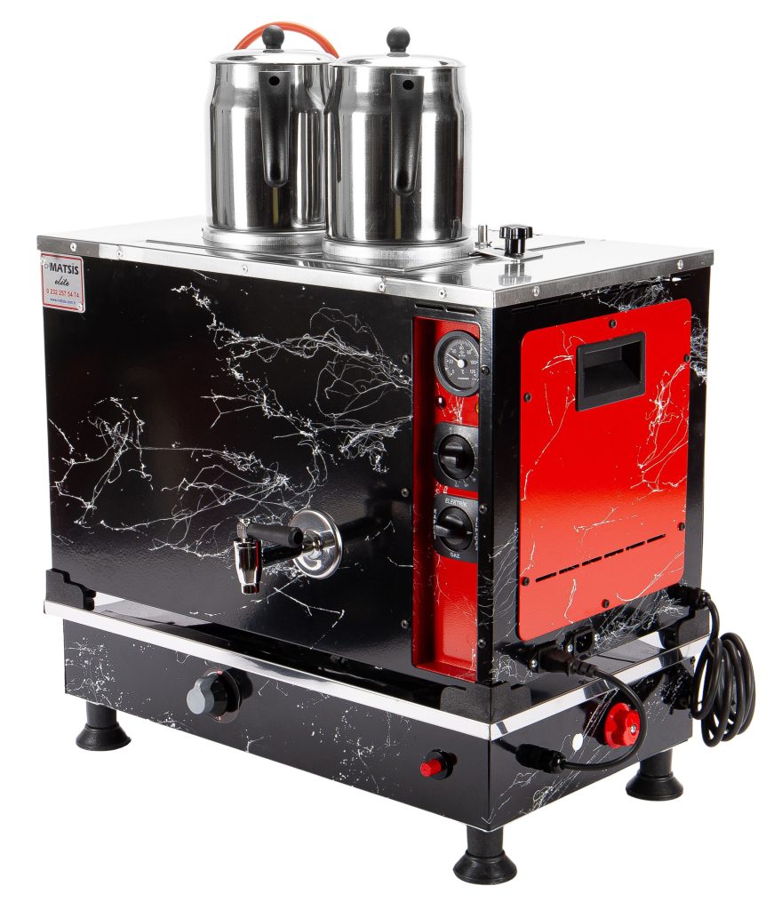 Matsis Elite boyalı elektrikli gazlı çay kazanı 2 demlikli 20 litre arka yan görünüm