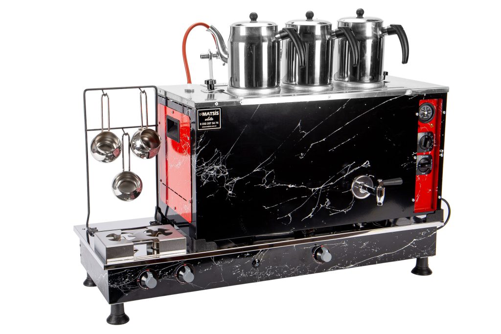 Matsis Elite boyalı elektrikli gazlı kahve ocaklı çay kazanı 3 demlikli 30 litre arka yan görünüm
