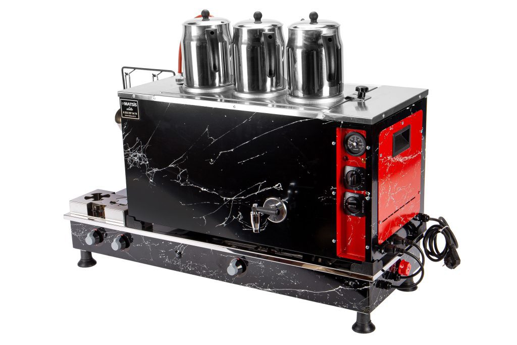 Matsis Elite boyalı elektrikli gazlı kahve ocaklı çay kazanı 3 demlikli 30 litre arka yan görünüm